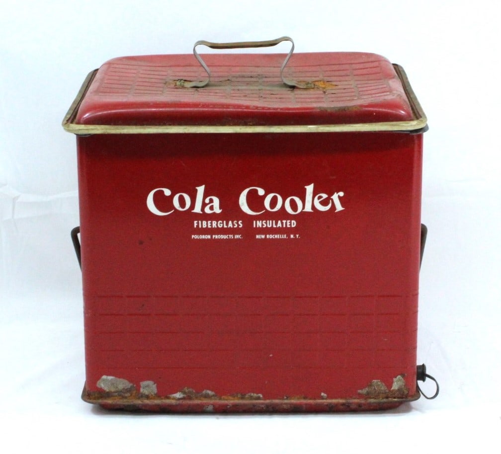 Vintage Cola Cooler Fiberglass: Presenting a classic piece of Americana, this vintage Cola Cooler made by Poloron Products Inc. in New Rochelle, NY, boasts a vibrant red fiberglass body with bold white lettering. Despite showing sig