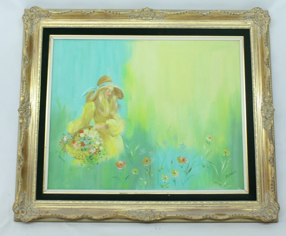 Impressionist Floral Scene Oil Painting by Jobari: Charming oil painting on canvas by artist Jobari, signed in the lower right corner. This impressionist-style artwork features a serene scene of a young woman in a flowing yellow dress, carrying a bask