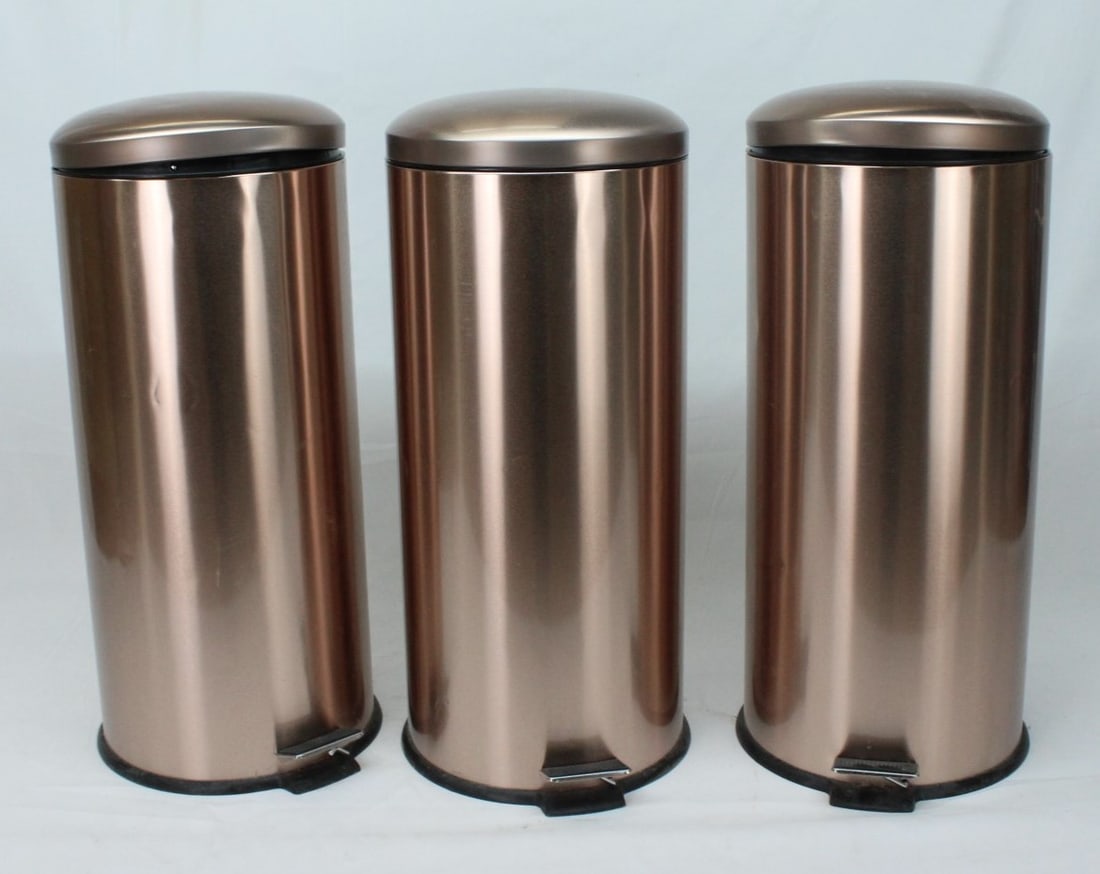 Set of Three Copper-Tone Foot-Operated Waste Bins/ Trash Cans: Set of Three Copper-Tone Foot-Operated Waste Bins. Unused, might show some dents and scratches from storage.