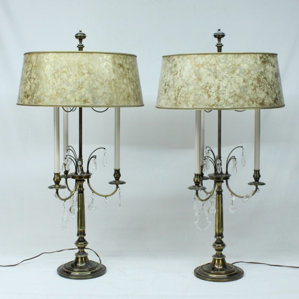 Pair of Hollywood Regency Brass & Crystal Drop Table Lamps (1 of 3)