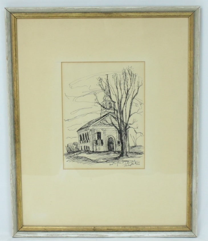 1946 Old Church Sketch – Framed Art: Vintage 194 sketch of an old church, Titled and Signed lower right.