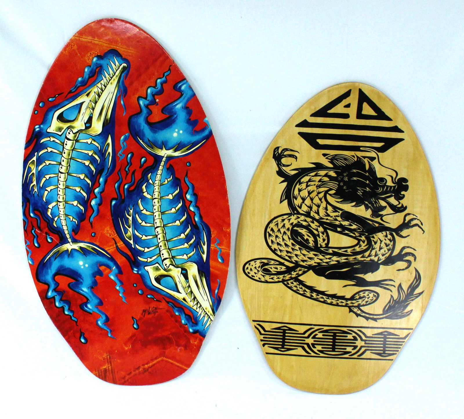 Two Surf Skimboard- Fish & Dragon- McWhite: Two Surf Skimboard- Fish & Dragon Designs, one is by McWhite.