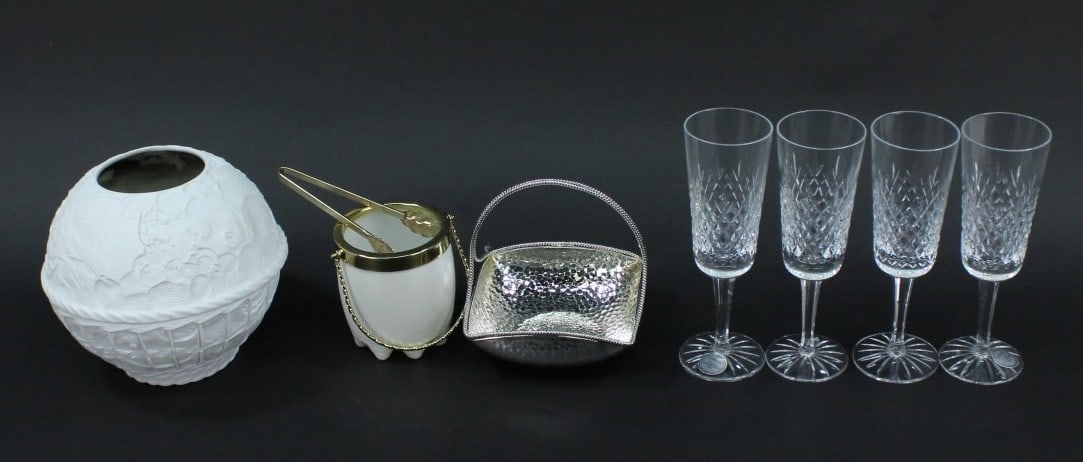 Bernardaud Limoges France Porcelaine Candleholder & Crystal Flutes: Elegant Bernardaud Limoges porcelain Candleholder. Accompanied by a set of four Astral Full Lead Crystal champagne flutes. The lot also includes a vintage silver-tone hand-hammered basket and personal