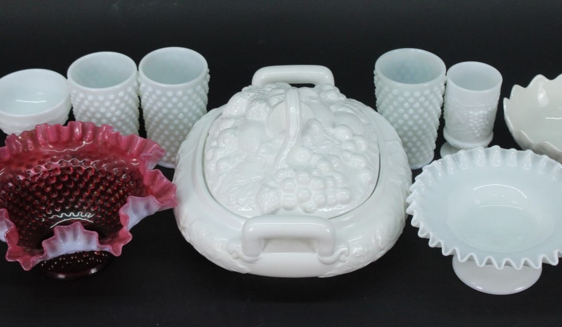 Milk Glass Hobnail Assortment w/ Cranberry Opalescent Footed Bowl & Gibson Soup Tureen (1 of 5)