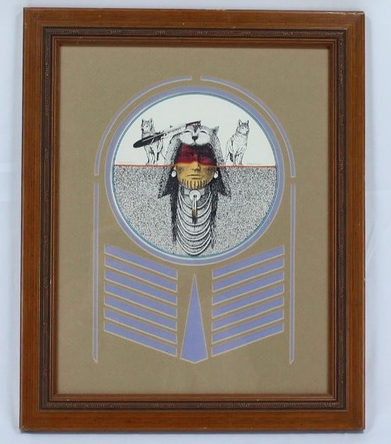 Dwight M. Ration - Native American Mixed Media Art: Framed mixed-media artwork by Native American artist Dwight M. Ration. This striking composition features a central figure adorned with traditional Native American regalia, complemented by symbolic wo