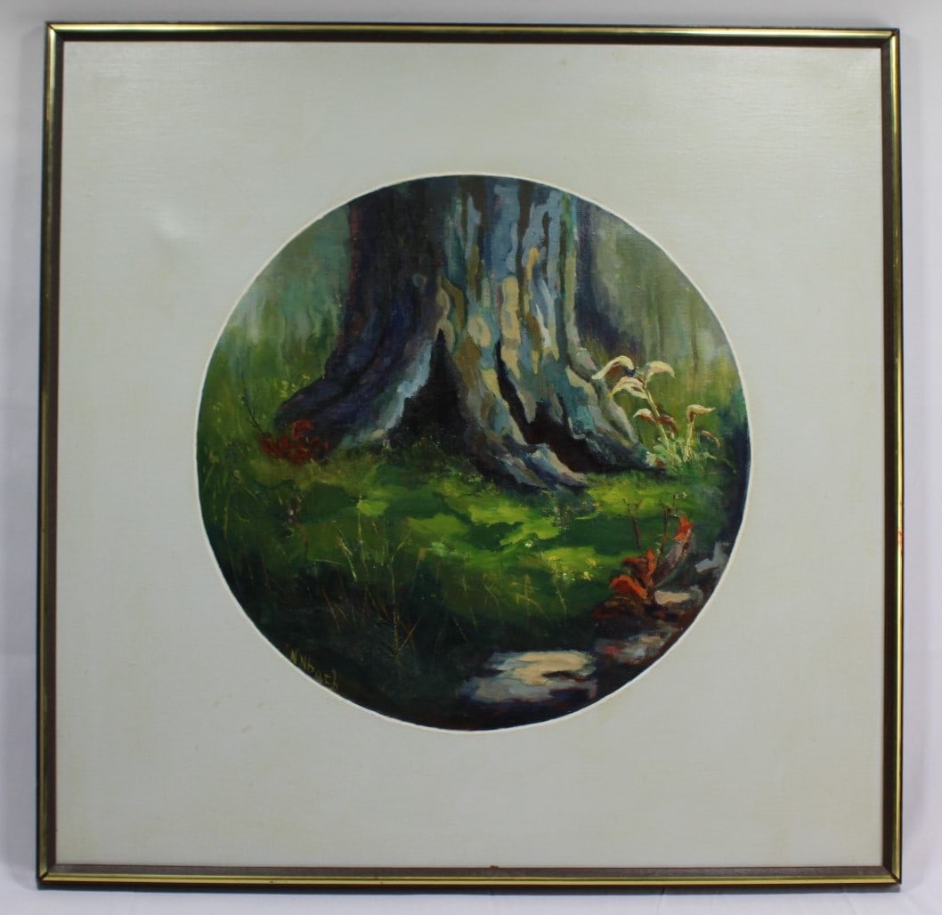 Forest Scene Landscape Oil Painting: Oil painting featuring a circular composition of a serene woodland scene with a tree trunk and vibrant foliage. The artwork displays rich textures and a harmonious palette, creating a tranquil represe