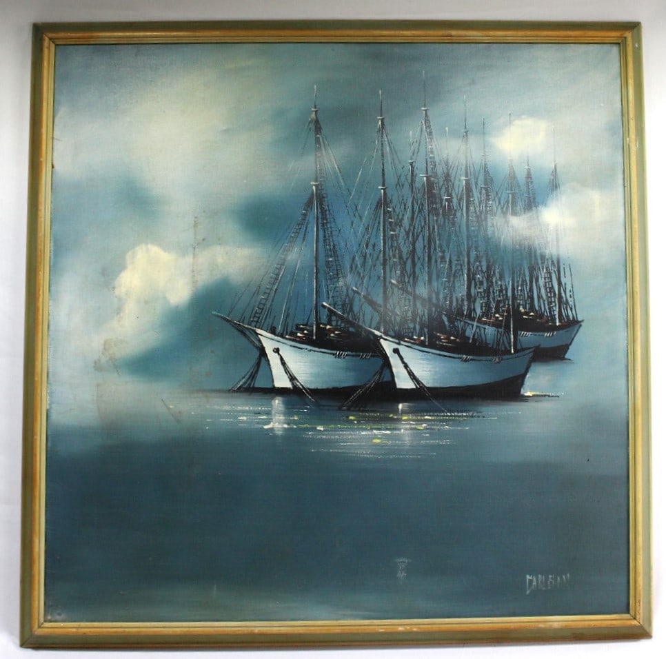 Mid-Century Nautical Oil Painting of Ships by Carlson: A striking mid-century marine oil painting on canvas, depicting a fleet of sailing ships at rest in calm waters. The moody blue-gray tones and delicate lighting effects create a serene maritime atmosp