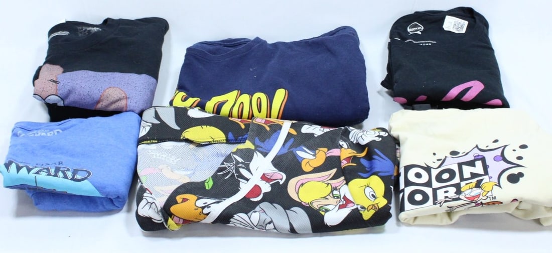 Cartoon and Pop Culture T-Shirt Group: Curated collection of mixed cartoon and pop culture-themed apparel featuring designs from Scooby-Doo, Looney Tunes, and other iconic franchises. Includes t-shirts and jersey in various sizes ranging f