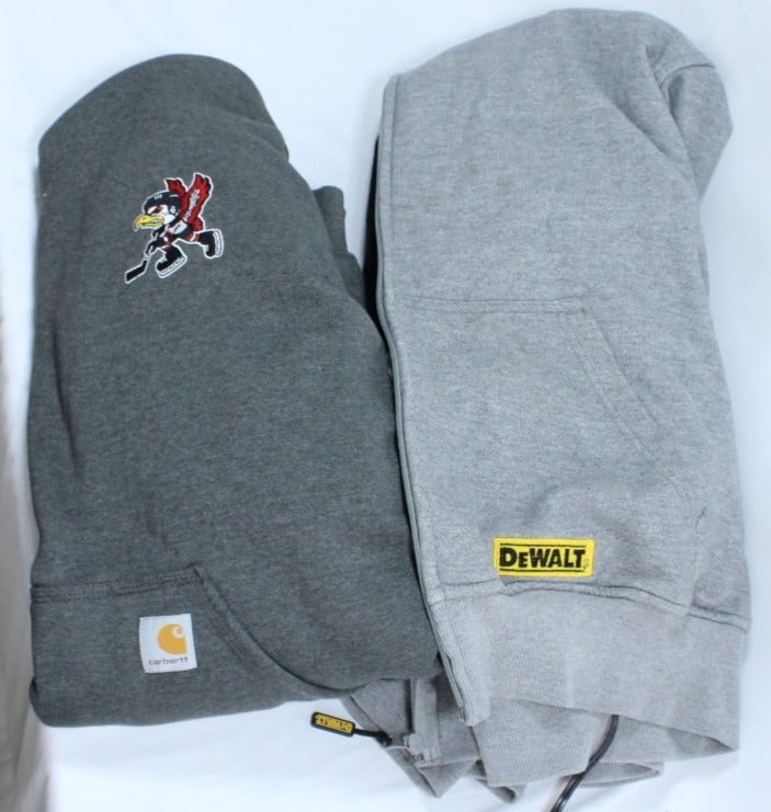 Carhartt 2XL Loose Fit Hoodie & DeWalt XL Hoodie: Li-Ion Grey Zip-Up Hoodie Apparel Bundle. Carhartt 2XL Loose Fit Hoodie paired with a DeWalt XL Grey Zip-Up Hoodie, both ideal for everyday wear and outdoor tasks. The Carhartt hoodie features a loose
