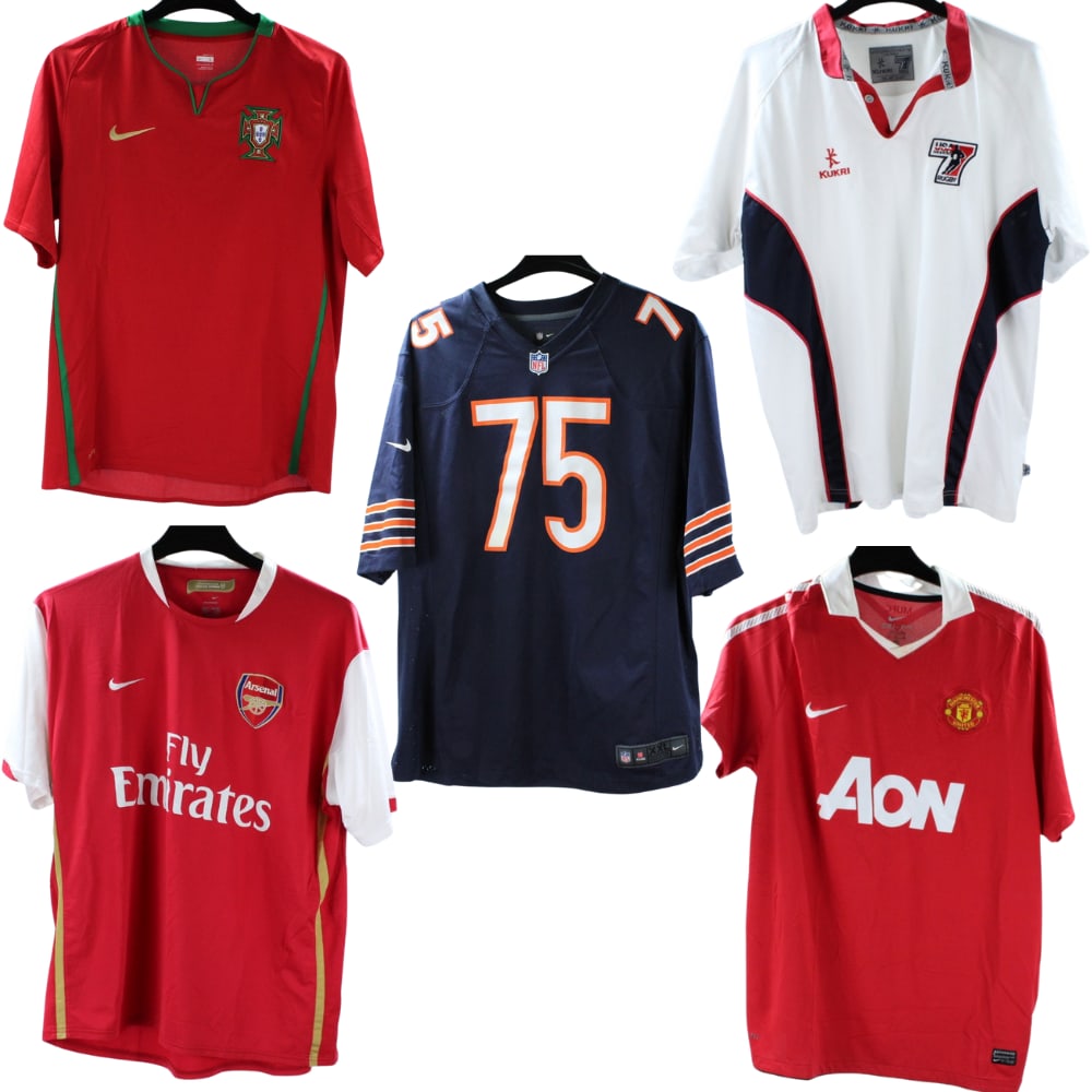 Lot of 5 Sport Jerseys- United, Arsenal, Portugal, Chicago Bears & Kukri Rugby: United, Arsenal, Portugal, Chicago Bears, and Kukri Rugby. A lot of five authentic jerseys representing global sports and iconic teams. This collection includes a Nike Portugal soccer jersey in red an