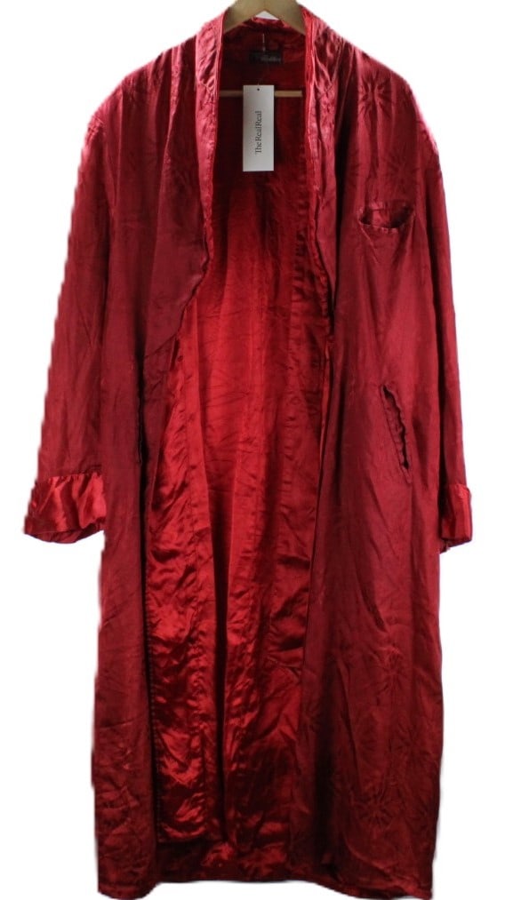 Vintage Tailored Red Satin Long Robe by Rabhor: Vintage tailored red satin long robe, a timeless piece by Prabhu. Features a rich red tone with elegant tailoring details that showcase craftsmanship. The robe is in good overall vintage condition. Id