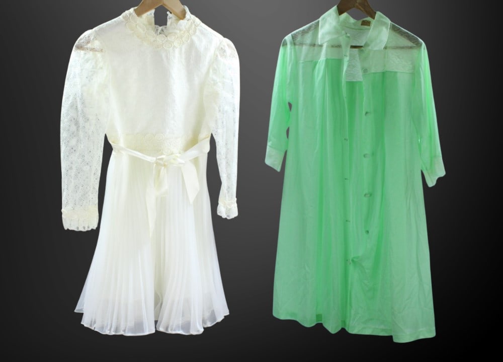 Vintage Her Majesty Pleated Lace Dress Hexon Kickernick Nightgown Pair: Hexon Kickernick Nightgown Pair. Elegant lot featuring a Her Majesty white lace dress with pleated skirt and satin ribbon tie, offering a classic vintage charm for collectors and enthusiasts. Accompan