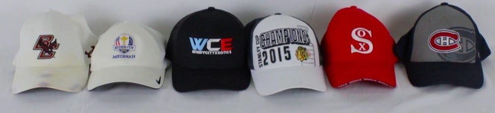Six Stylish Baseball Caps With Assorted Themes: This lot includes six stylish baseball caps with assorted themes, ranging from sports teams to branded and commemorative designs. Featuring caps from well-known teams like the Chicago Blackhawks (2015