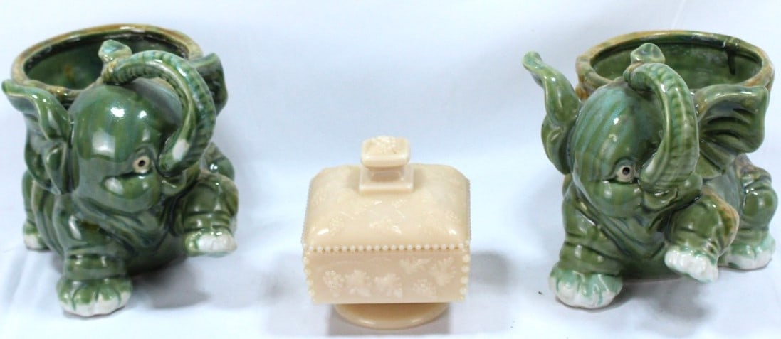 Pair of Green Ceramic Elephant Planters & Slag Glass Trinket Box (1 of 4)
