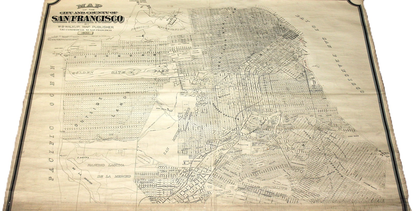 1900 Map of the City and County of San Francisco: Map of San Francisco from 1900, published by W.B. Walkup, Map Publisher, located at 530 Commercial St., San Francisco. The map scale is 800 feet to the inch, offering a highly detailed representation 