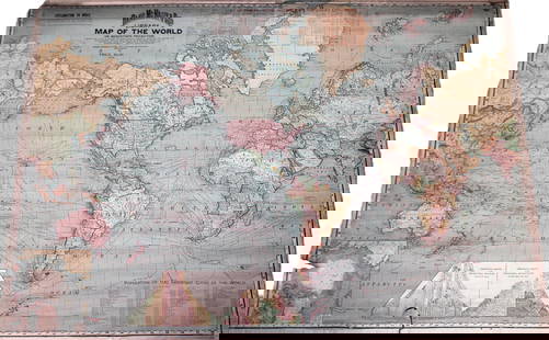 1898 Antique Rand McNally Library Map of the World: Rand McNally & Co's 1898 Library Map of the World, printed on Mercator's Projection, features detailed nautical routes, geographic elevations, and major population centers of the time. The antique wal