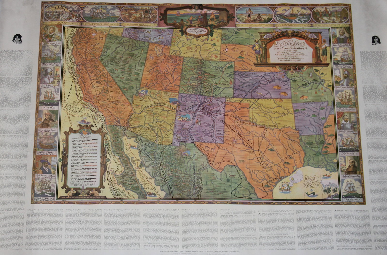 Vintage Map of Exploration in the Spanish Southwest 1528-1793 by Joseph J. Hill.: Beautifully illustrated vintage map detailing the exploration in the Spanish Southwest from 1528-1793, compiled by Joseph J. Hill and painted by Dixon Lauritzen. This map was created for Touring Topic