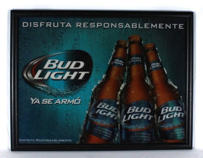 Bud Light Framed Advertising Poster: Great for bar enthusiasts or as a decor. Good condition