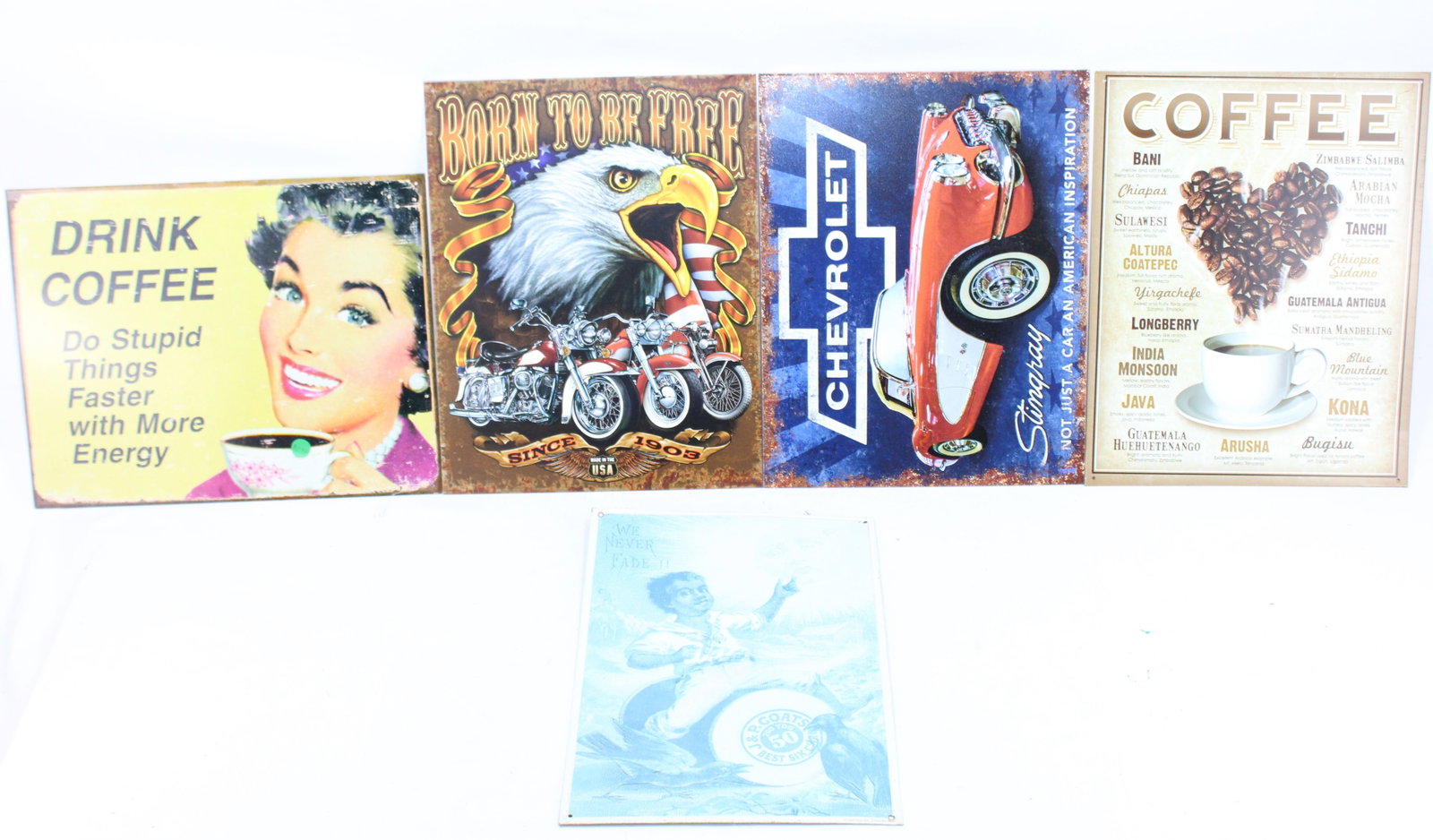 Vintage Style Metal Tin Signs Lot - Coffee,...: Chevrolet, and Americana Themes. Collection of five vintage-style metal signs featuring retro coffee advertisements, classic car imagery, and Americana themes. Includes humorous coffee sign with vibra