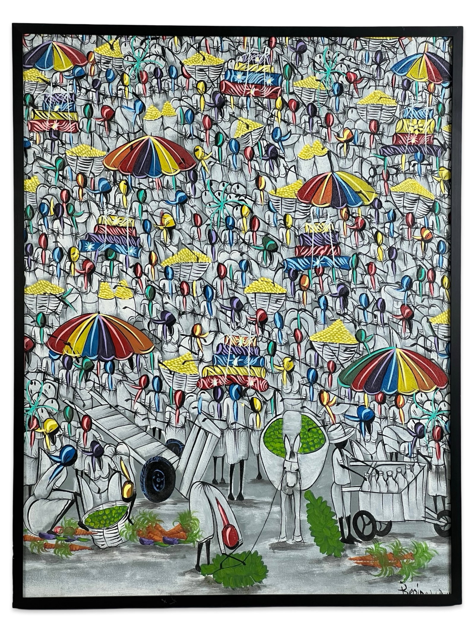 Haitian Market Scene - Vibrant Folk Art Painting: A lively and colorful depiction of a bustling Haitian market, painted in a distinctive folk art style. The scene is filled with faceless figures carrying goods, pushing carts, and selling produce unde
