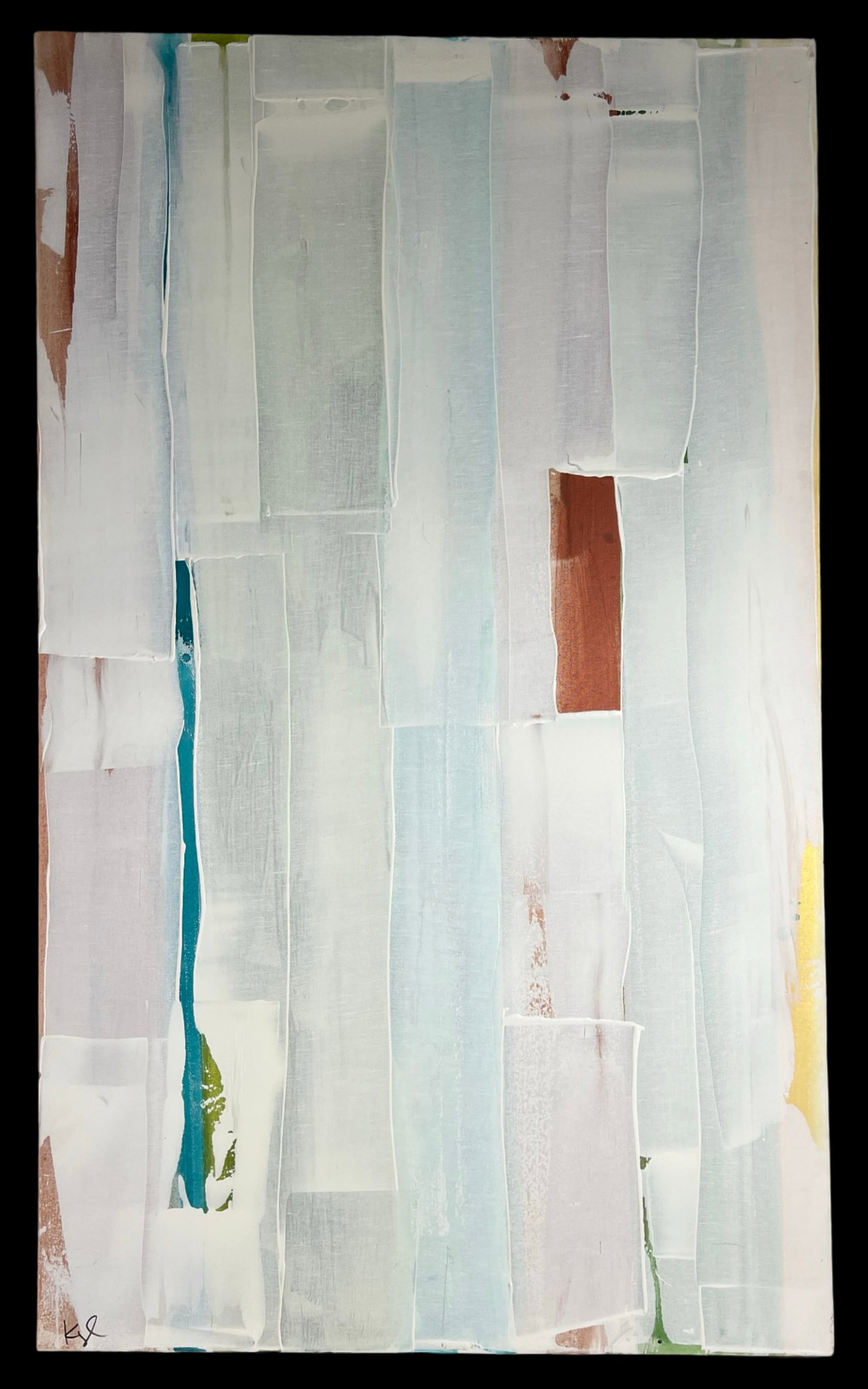 Large Minimalist Abstract Contemporary Painting: A striking large-scale minimalist abstract painting on canvas, featuring a serene composition of layered translucent hues and geometric vertical forms. The piece incorporates a subdued palette with so