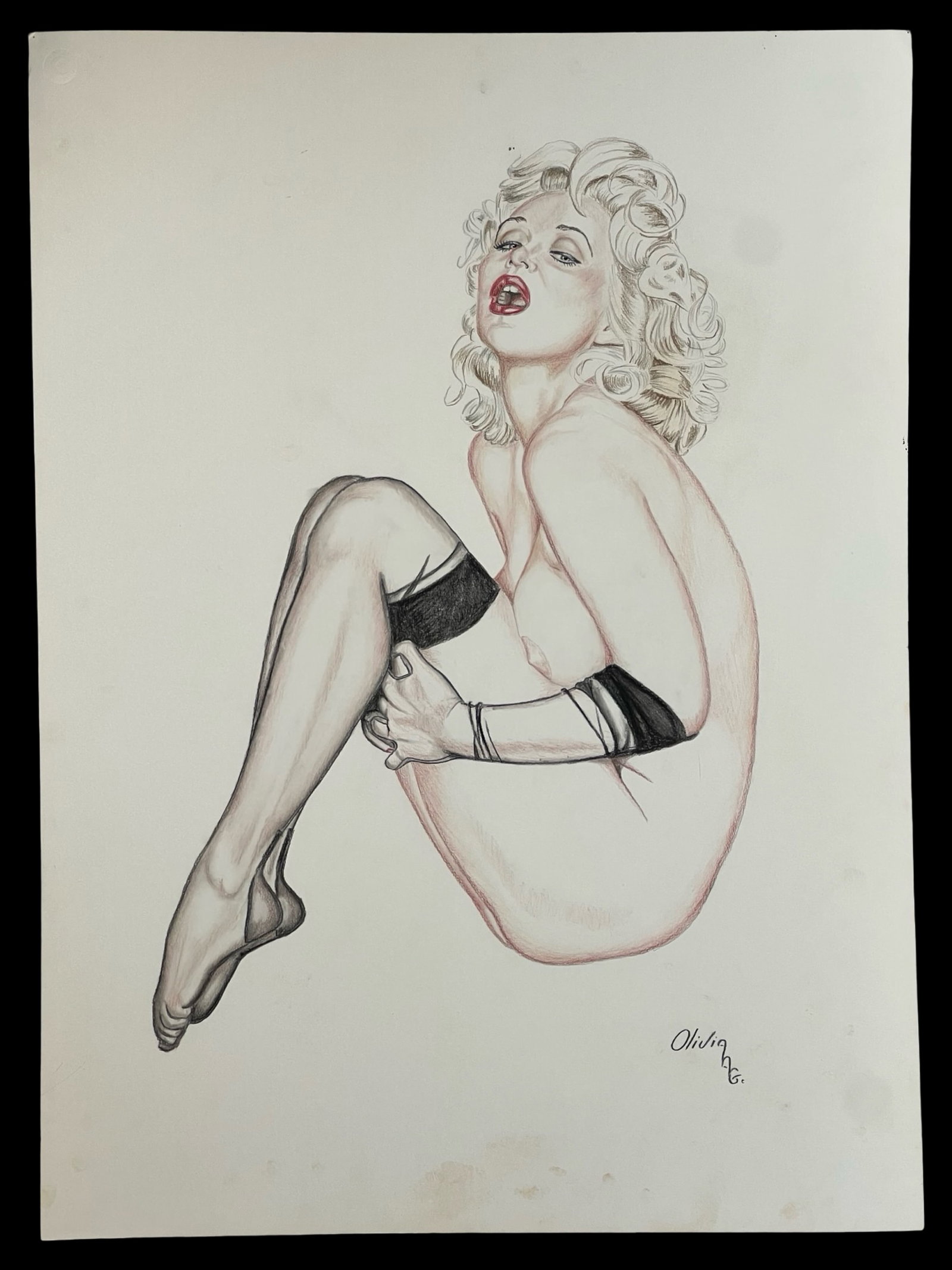 Original Sexy Pin-Up Girl Drawing by Olivia: An alluring and highly detailed pin-up girl drawing, signed "Olivia" in the lower right. The figure is drawn with exceptional attention to detail, showcasing a provocative yet artistic representation 