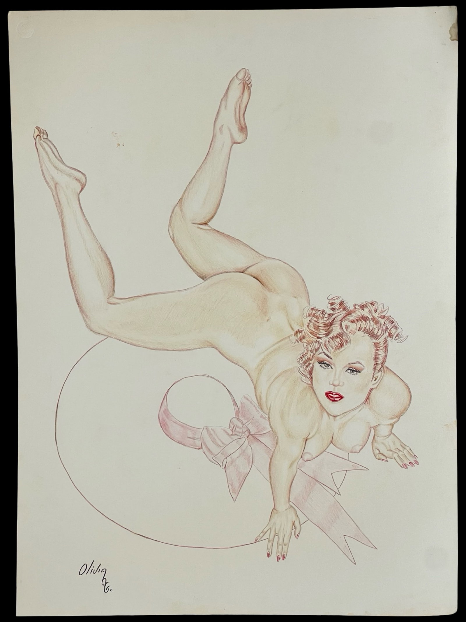 Original Sexy Pin-Up Girl Drawing by Olivia: A finely detailed pin-up girl drawing signed "Olivia" in the lower left corner. The artwork features a sensuous and confident female figure, rendered with delicate shading and expressive linework. Her