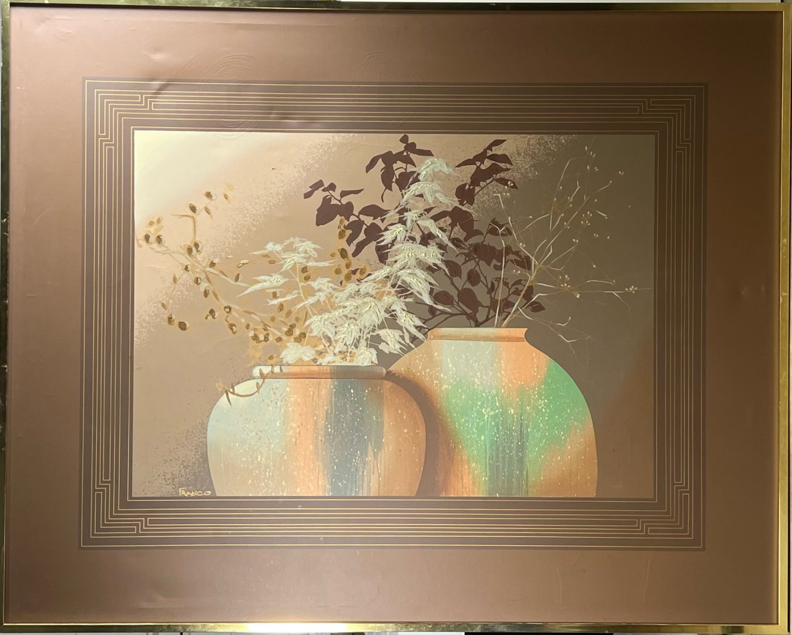 Franco - Large Still Life Artwork Vases & Foliage: A striking large-scale artwork signed "Franco" in the lower left corner, featuring an elegant still life composition of two decorative vases filled with delicately rendered foliage. The soft earth ton