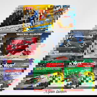 Toy & Model Aircraft Lot - Imaginext, K'NEX: Lot of assorted toy and model aircraft, helicopters, and building sets, including: Imaginext Batwing & Batman Figure (Fisher-Price) Forces of Valor Skyward X Collectibles U.S. F-22 Raptor (Diecast) Cl