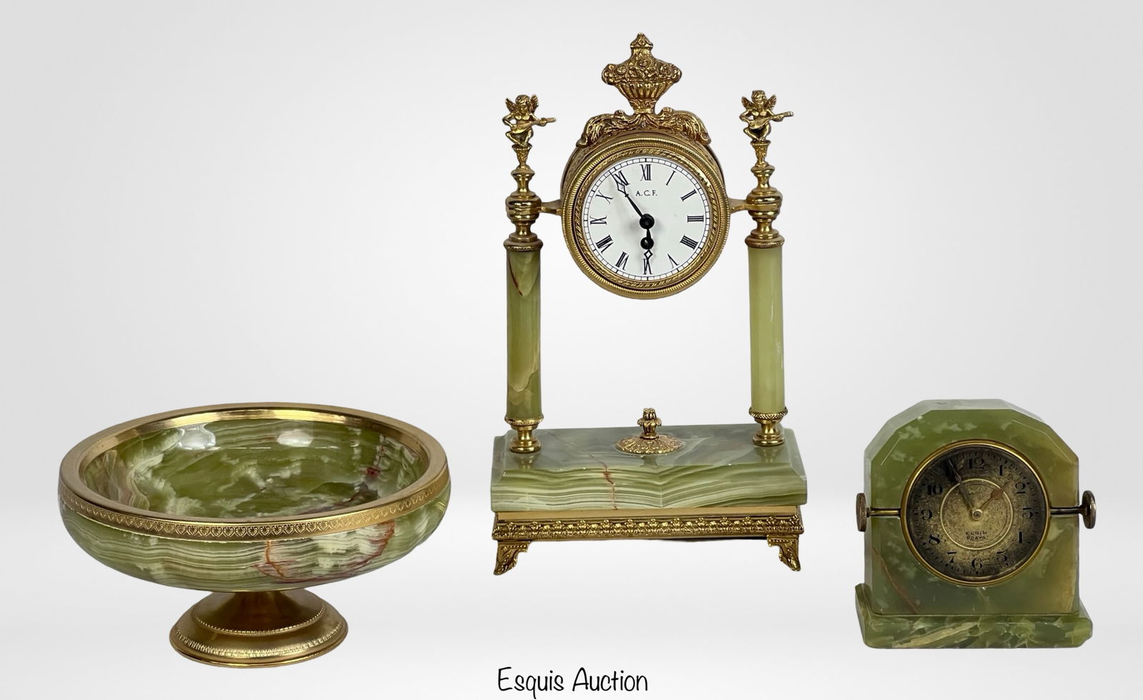 Green Onyx & Gilt Bronze Clock/ Bowl Desktop Set (1 of 6)