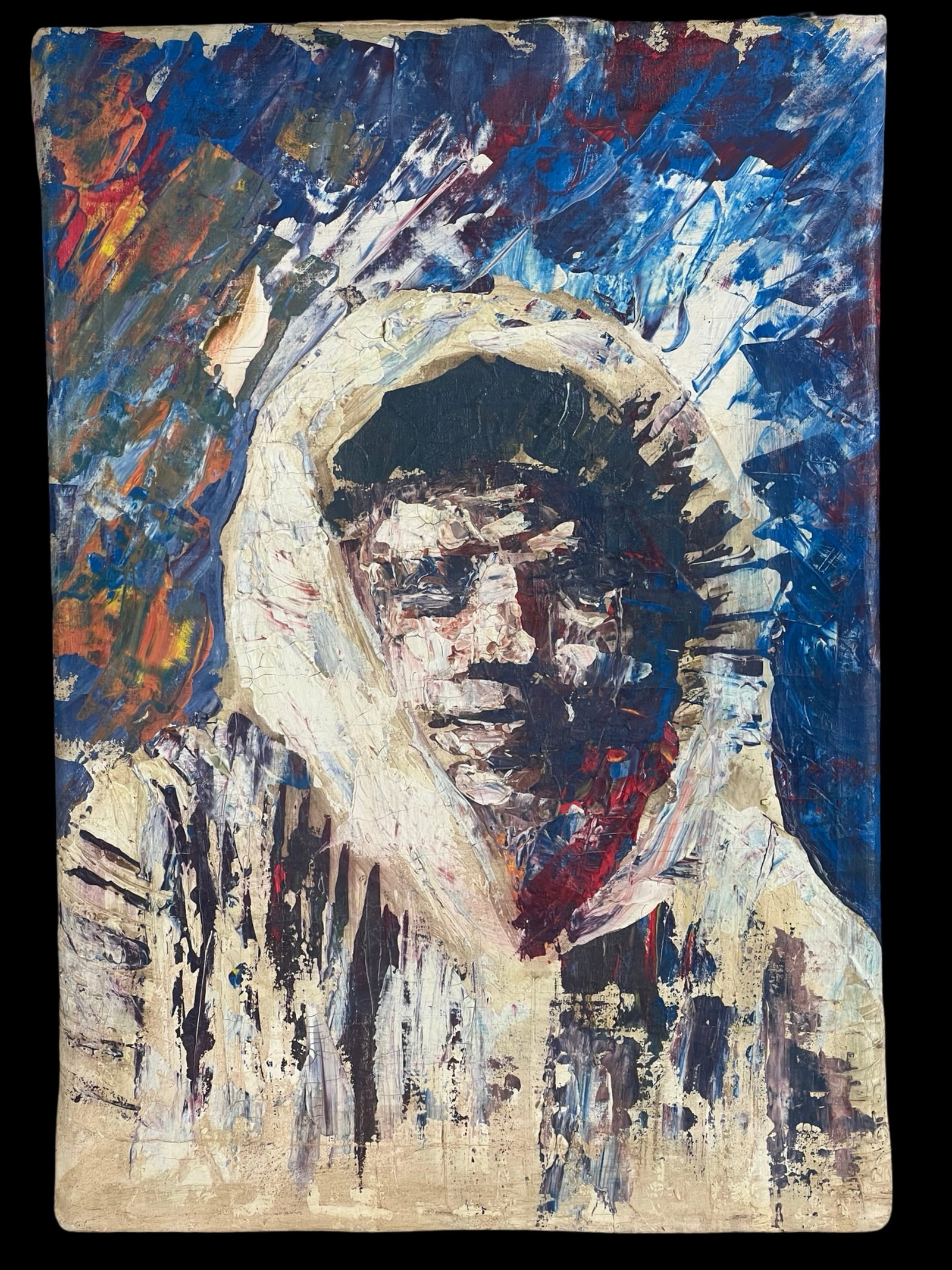 Abstract Expressionism Inuit Portrait Painting: Textured oil painting depicting a striking Inuit portrait with bold brushstrokes and an expressive color palette. The artwork features a heavy impasto application, creating depth and movement in the f