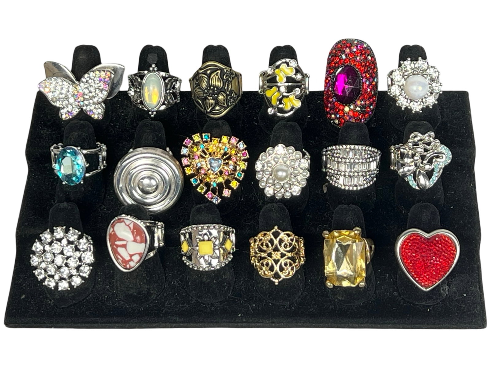 Collection of Lady's Costume Jewelry Rings: Discover timeless elegance with this curated Collection of Vintage Lady's Costume Jewelry Rings. All appear to be in good condition. Display is not included.