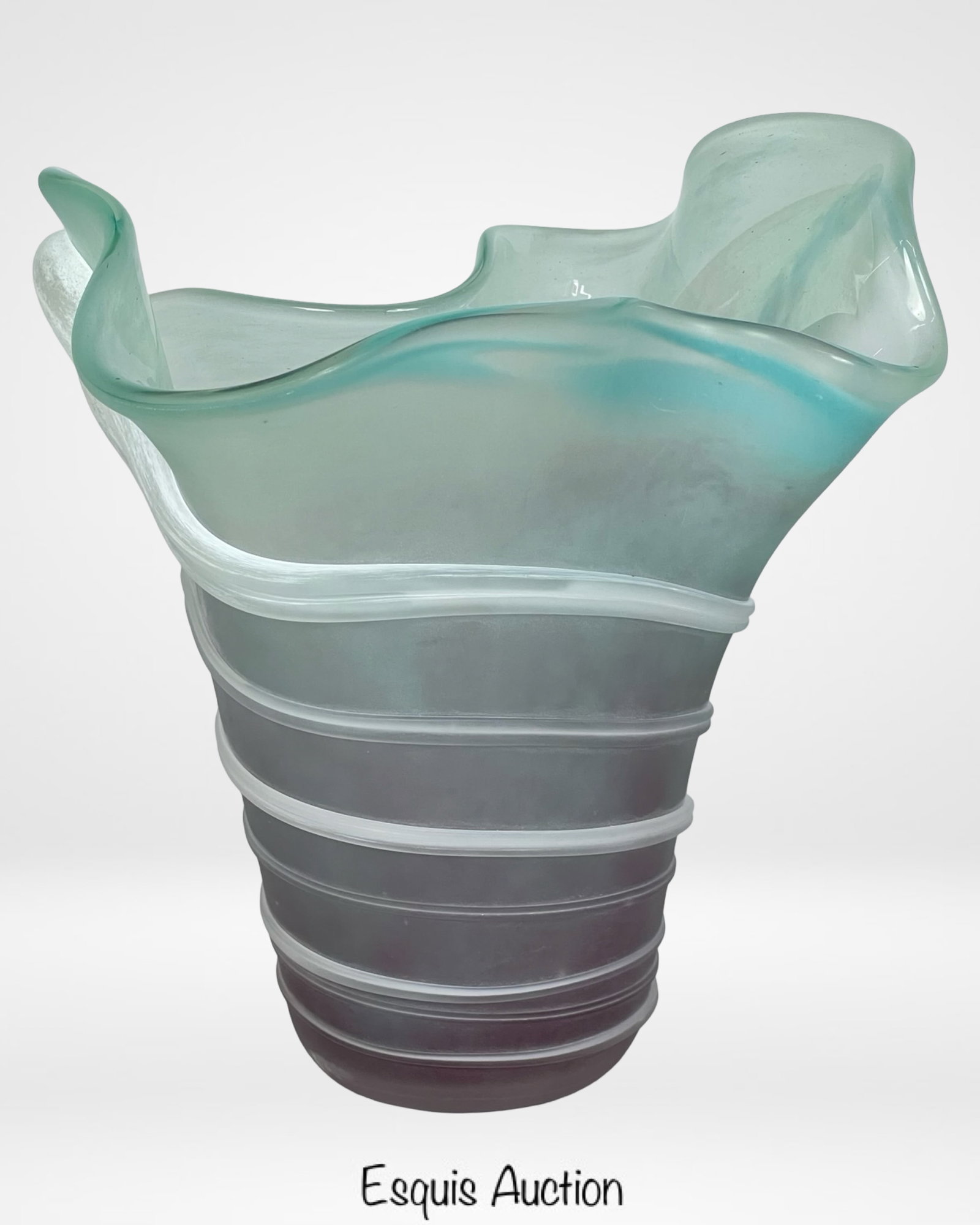 Murano Handblown Organic Freeform Large Vase: A beautifully handblown Murano art glass vase with an elegant organic freeform design. The vase features a soft aqua and frosted glass finish, enhanced by delicate white banding wrapped around the bod