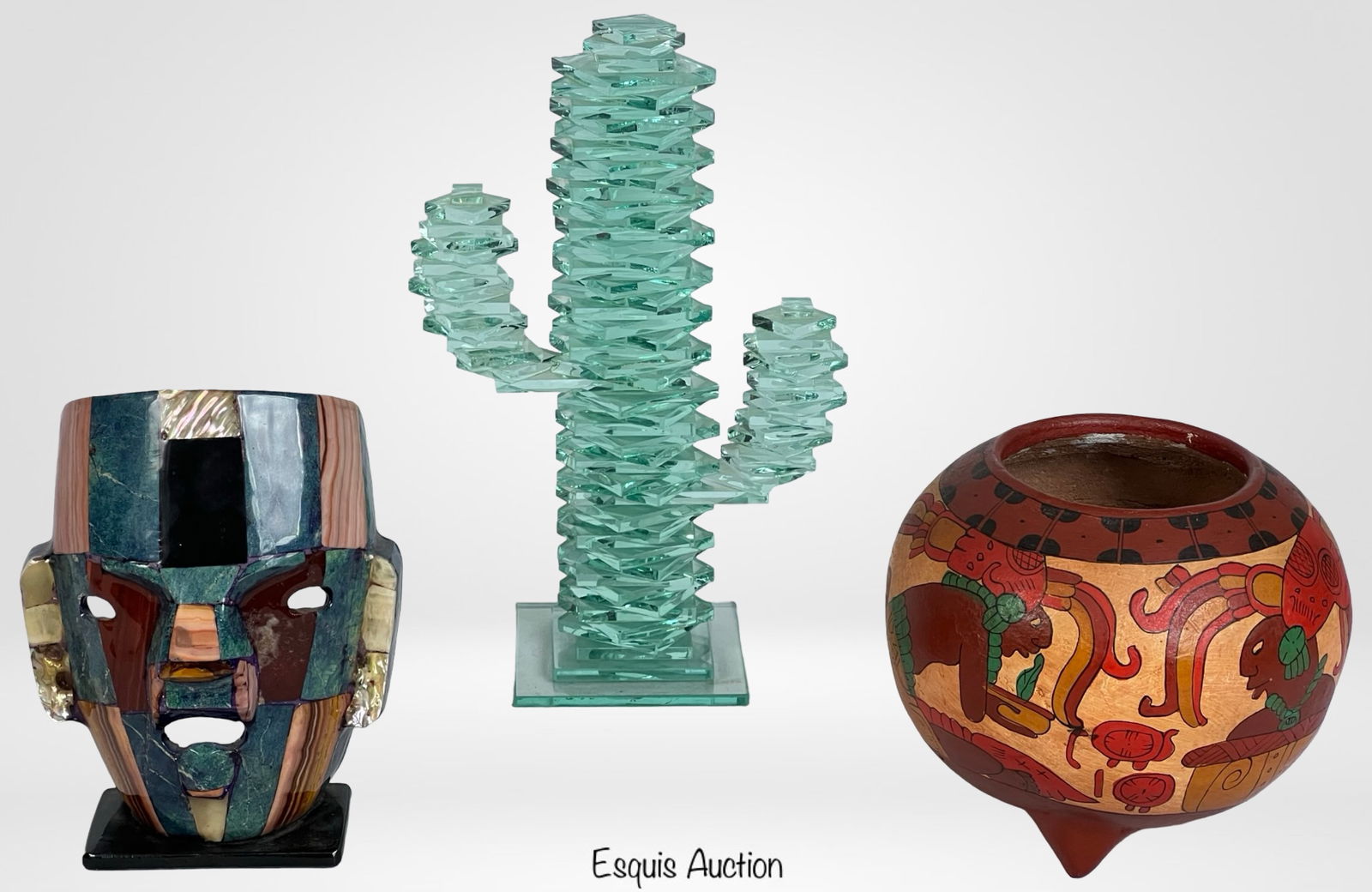 Southwestern Decor - Stacked Glass Cactus, Mayan: A unique collection of Southwestern and Mexican folk art pieces, perfect for adding a cultural touch to any space. This lot includes: Modern Stacked Glass Cactus Sculpture - A striking contemporary ar