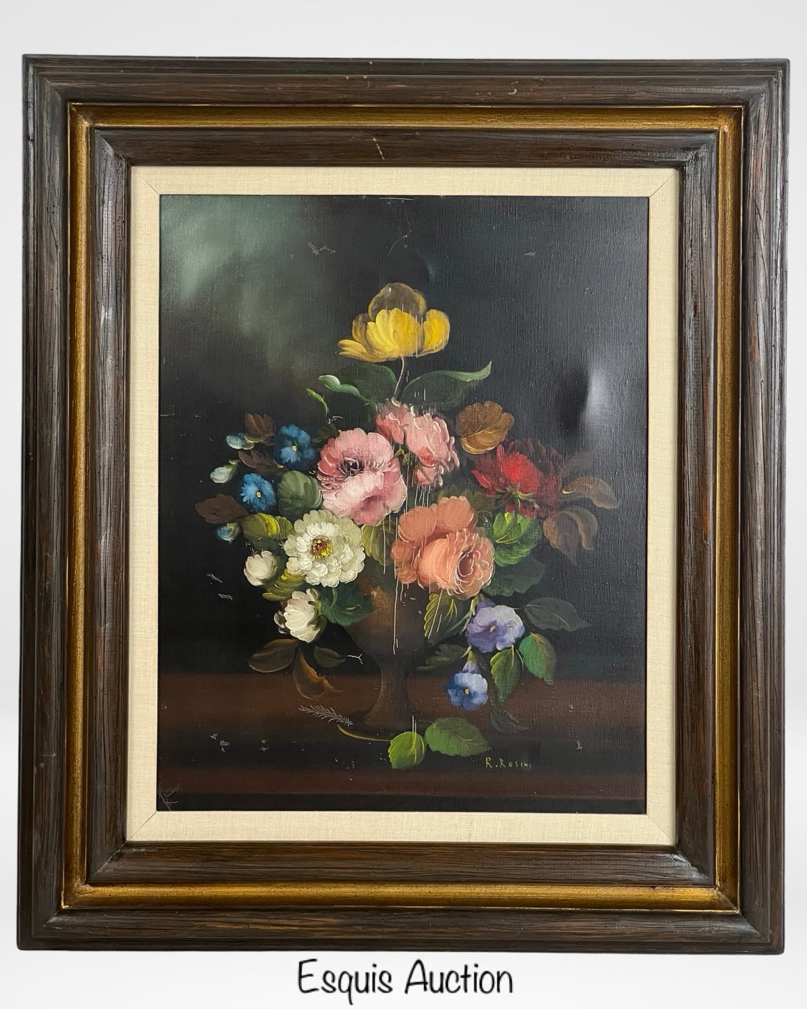 R. Rosini Still Life with Flowers Oil Painting: A beautiful still life oil painting on canvas by R. Rosini, featuring a vibrant arrangement of flowers in a classic dark-toned background. The rich color palette and delicate brushstrokes capture the 