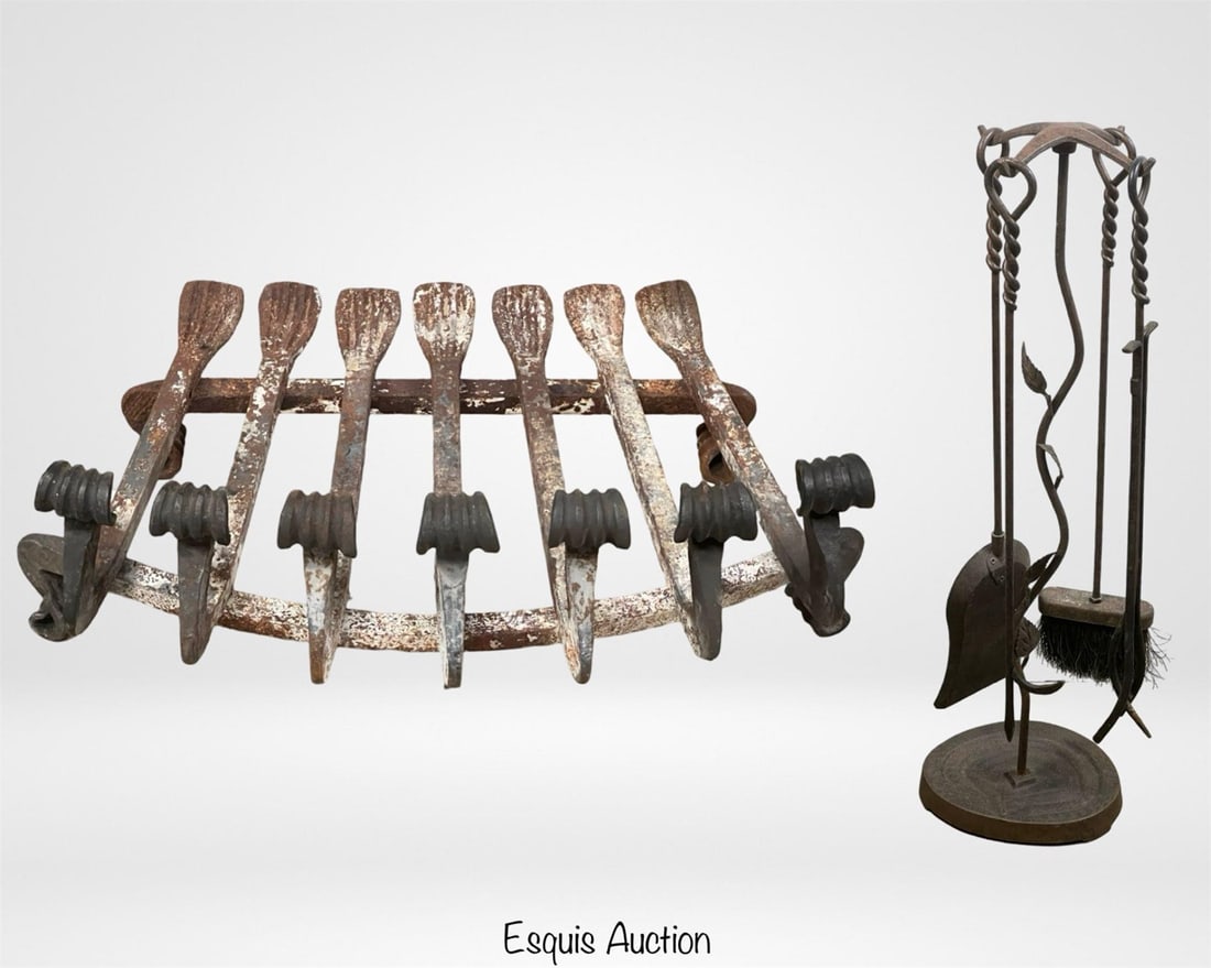 Wrought Iron Fireplace Grate & Forged Fire Tool S (1 of 7)