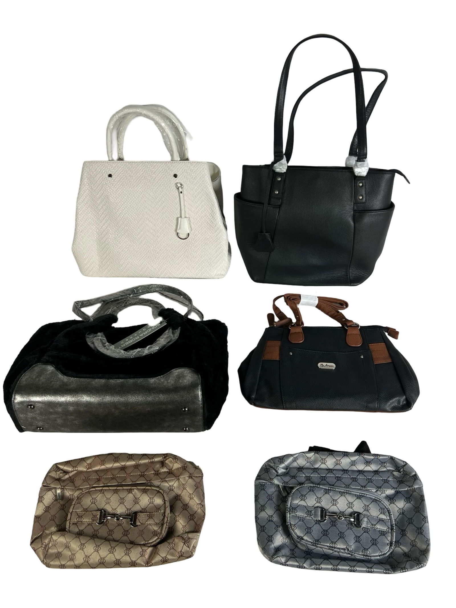 6 New Ladies Bags - Various Styles: Set of 6 ladies bags in a variety of styles and classic colors. Sizes range from 8" x 12" to 16" x 17".All are new-mint condition. Please review photos for details.