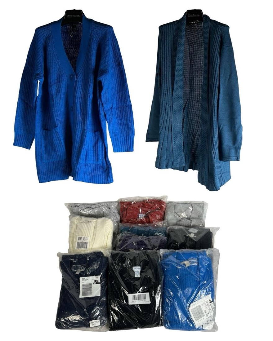 10 New Ladies Cardigans: Lot of 10 ladies' cardigans in size 18/20L, featuring various styles and colors. Perfect for layering in any season.All are new-mint condition. Please review photos for details.