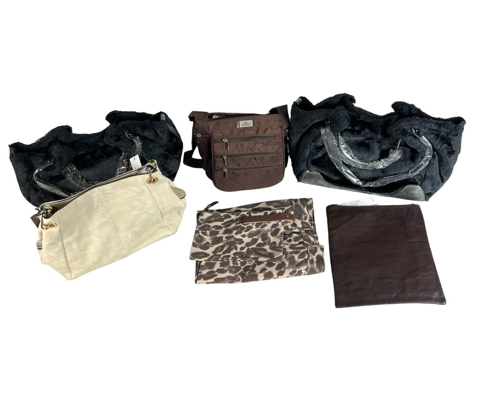 Lot of 5 Ladies Bags/ Handbags/ Totes/ Purses- New: Lot of 5 stylish ladies' bags featuring a mix of fabric and leather designs. Various styles and sizes ranging from 12" x 10" to 18.5" x 13". Perfect for casual or statement fashion. All New.