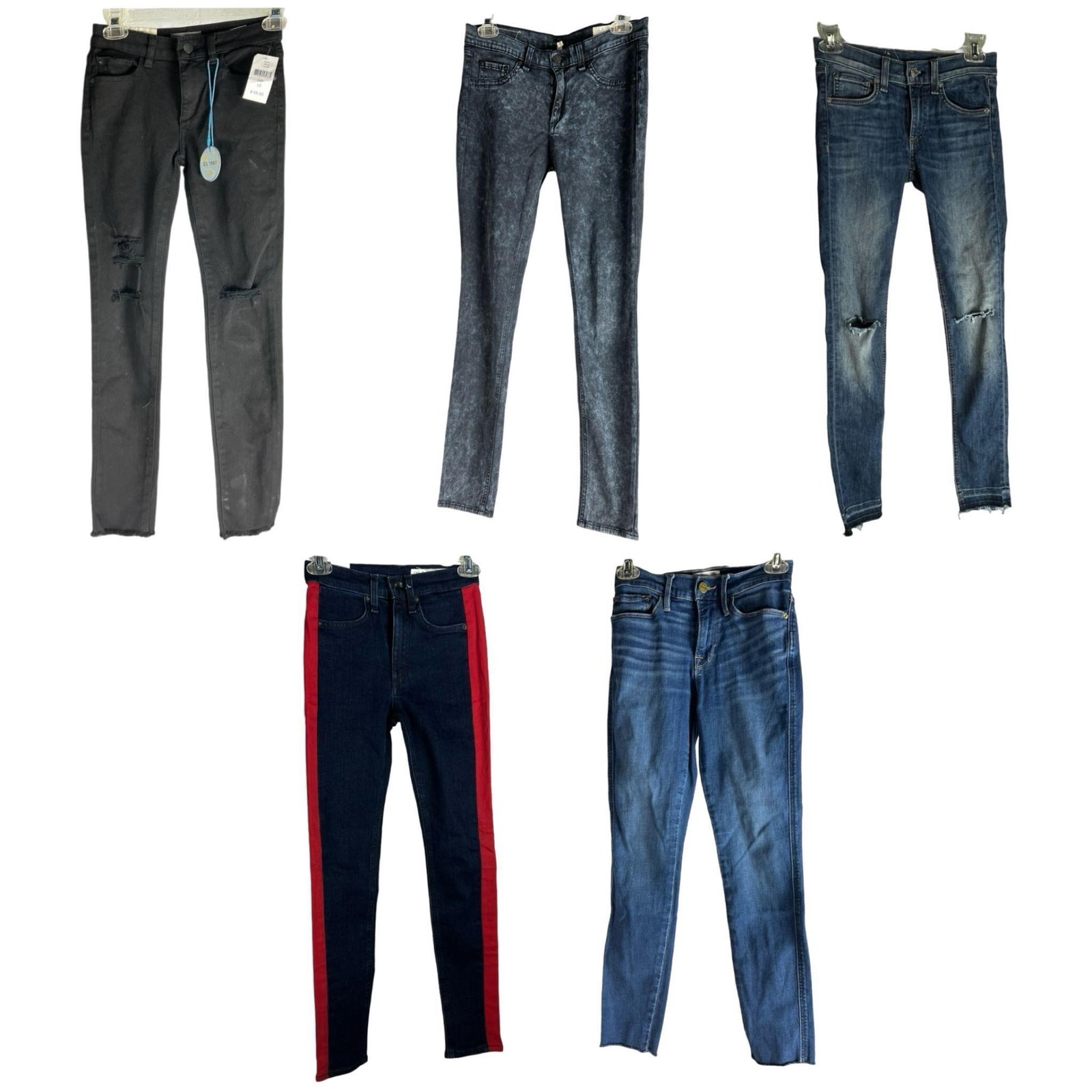 Assortment of Lady's Designer Denim Jeans: Lot of 5 pairs of jeans, featuring: DL1961 skinny jeans, size 10, with tag Rag & Bone skinny jeans, size 24 Rag & Bone black washed jeans, size 28 Rag & Bone skinny jeans, size 23 Frame skinny jeans, 