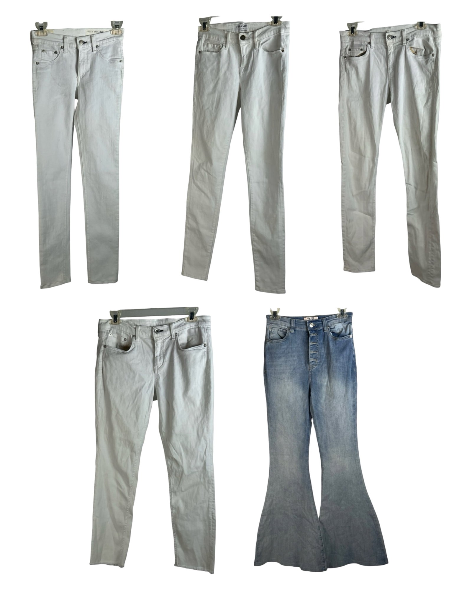 Assortment of Lady's Designer Denim Jeans: Lot of 5 pairs of jeans, featuring: Twenty-Seven blue flare jeans, size 27 Rag & Bone white skinny jeans, size 28 (2 pairs) Frame white skinny jeans, size 26 Rag & Bone white skinny jeans, size 24A mi