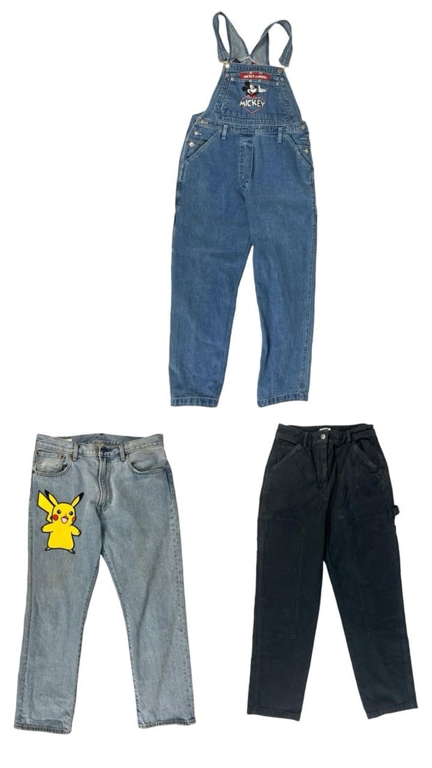Designer Jeans & Overalls- Levi's Pokemon, Mickey: Lot of 3 pairs of jeans, including: Wilfred Free black jeans, size 4 Mickey Unlimited denim overalls, size M Levi's x Pokémon jeans, W33 L30, featuring Pokémon patchesA stylish mix of classic and th