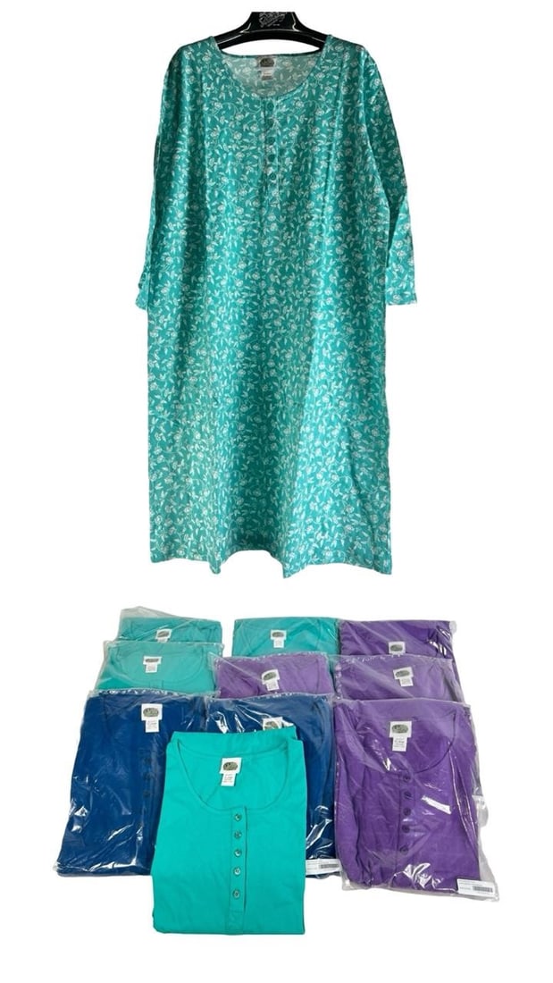 10 Sets of Miss Mint Henley Lady's Nightgowns- New: Lot of 10 Sets of Miss Mint Henley nightgowns, each set containing 2 nightgowns in size XL. Comfortable and stylish sleepwear. New mint condition.