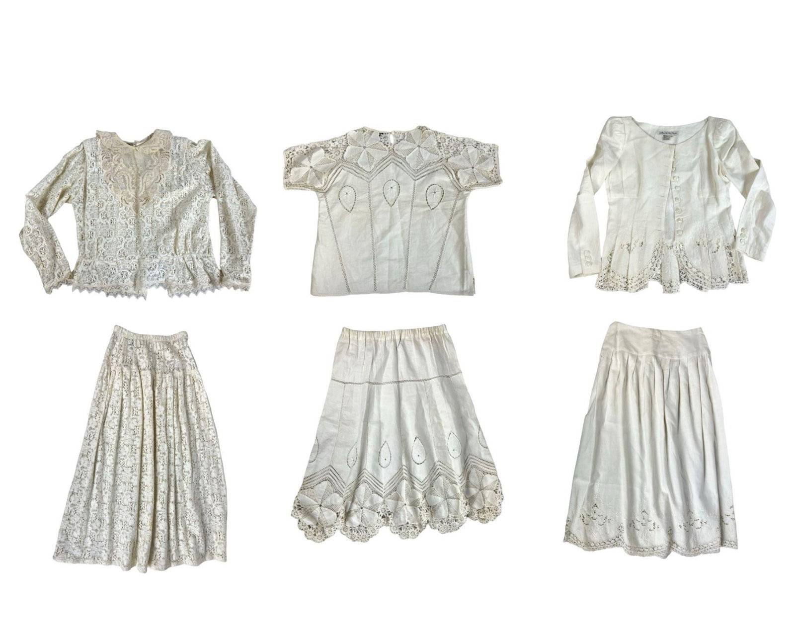Lot of 7 Lady's White Lace Crochet Suits & Skirts: Lot of 7 white lace crochet suits, plus additional designer pieces: Carole Little skirt, size 4 Marie St. Clair jacket, size 10 Thumbs Up skirt, size S Marie St. Clair skirt, size 10 Thumbs Up blouse,