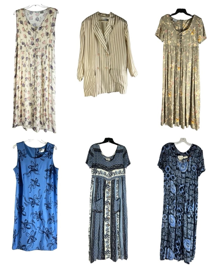 Assortment of Women'sFashion Dresses & Jackets: Lot of 6 women's clothing items, including dresses and a jacket: Worlds Apart striped jacket, size S, 30" length A Cera floral dress, size XL, 43" lengt Capezio floral dress, size 9/10, 45" length Kar