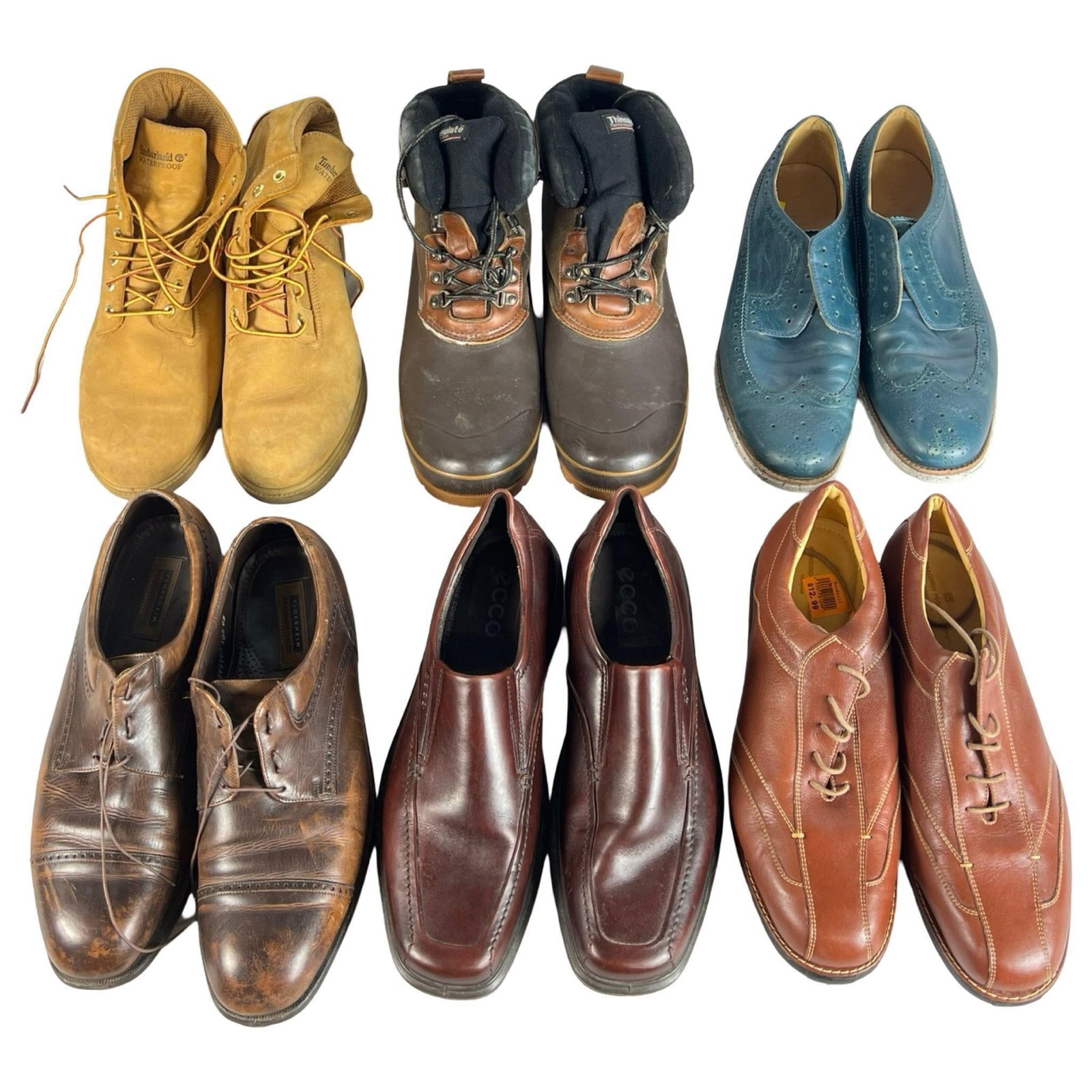 6 Pairs of Men's Shoes: Timberland, Ecco & More: Lot of 6 pairs of men's shoes, featuring top brands and various sizes: Timberland, size 11M Ecco, size 47 St. John's Bay, size 13D Florsheim, size 14D Sandro Moscoloni, size 12D Linar Grand, size 13MA