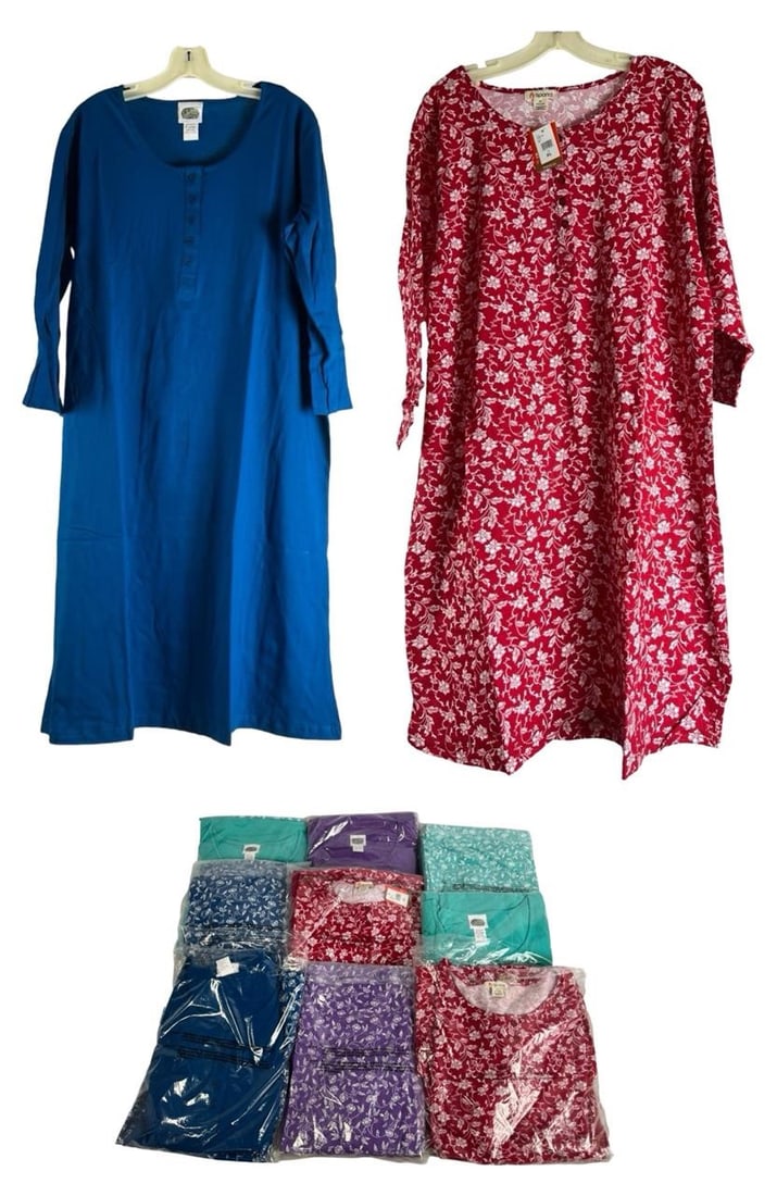 Lot of 9 New Sets of Lady's Nightgowns: Lot of 9 packs of ladies nightgowns, size XL, featuring a mix of floral and basic designs. Some packs contain two gowns per pack. Comfortable and stylish sleepwear. All New. Please review photos for d