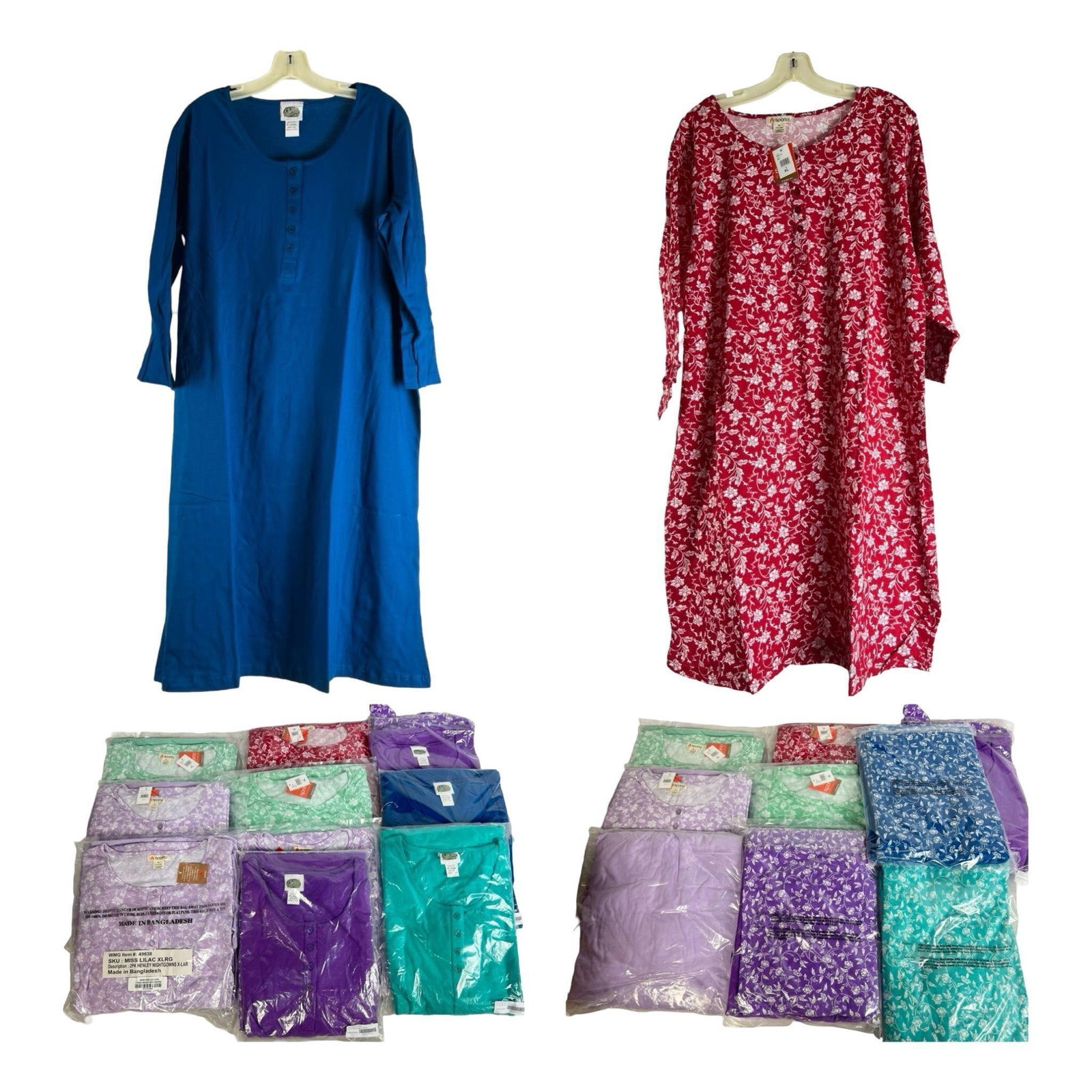 10 New Sets of Lady's Sleepwear Nightgowns: Lot of 10 packs of ladies' nightgowns, size XL, featuring a mix of floral and basic designs. Some packs contain two gowns per pack.Comfortable and stylish sleepwear. Mint-new condition. Please review 