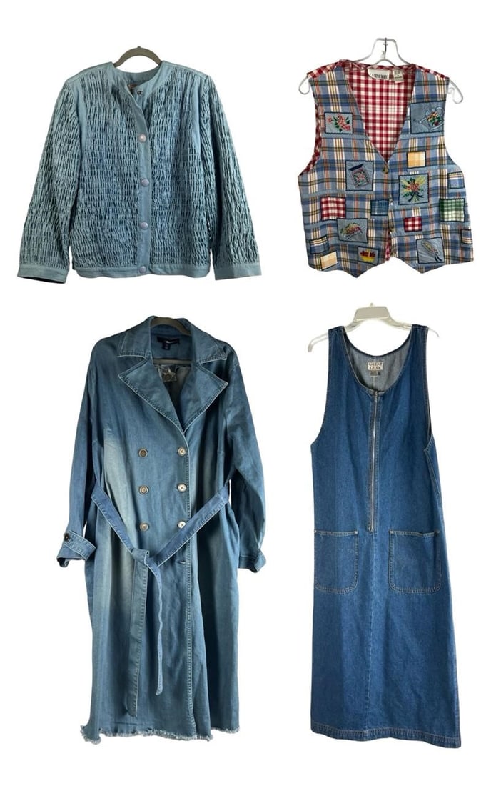 4 Ladies Denim Apparel: Trench, Dress & Vest: Lot of 4 ladies' denim pieces, featuring a mix of styles: Love Denim 24/7 trench coat, size 22/24 (1X), 44" length Great Gear denim dress, size L, 45" length Cassey Max denim patch vest, size M, 23" l