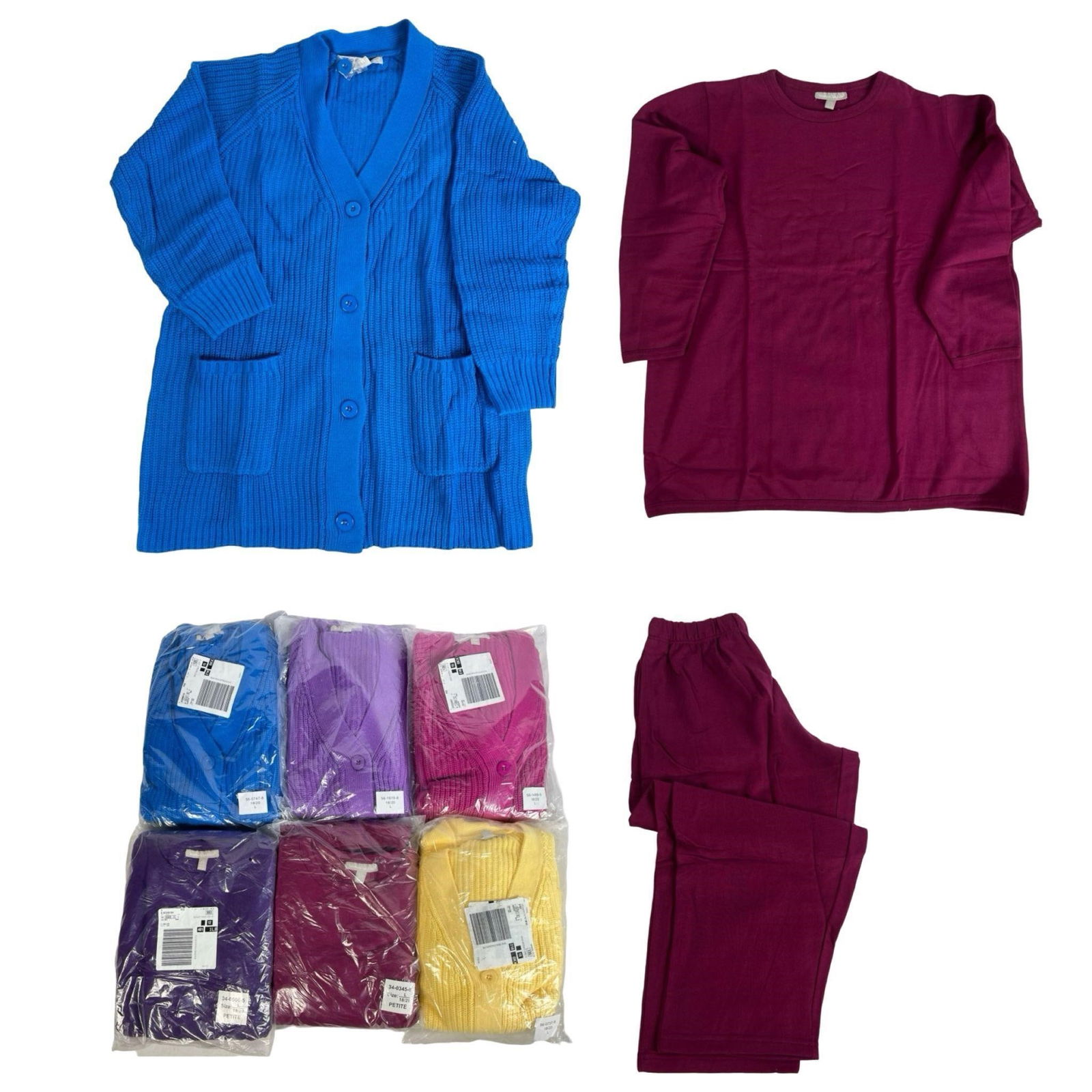 Lot of 6 Ladies Cardigans and Sweatshirt Sets- New: Lot includes 6 packs of women's clothing, all size 18/20L, featuring: 2 packs of Woman Within sweatshirt & sweatpants sets 4 packs of Woman Within colorful knitted cardigansComfortable and stylish ess
